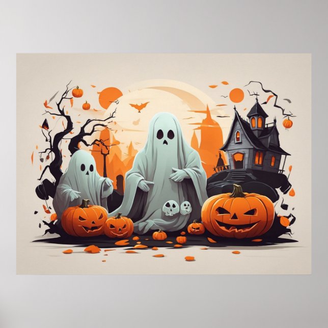 Haunted House, Ghost och Pumpkins Halloween Poster (Framsidan)