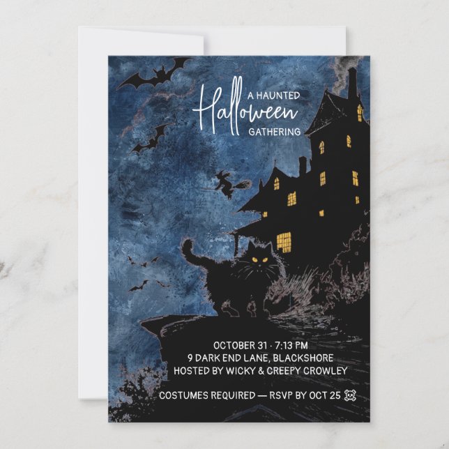 Haunted House Halloween Party Invitation – Blue Spara Datumet (Framsida)