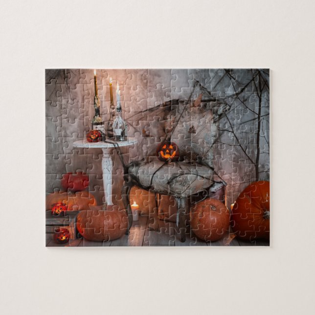 Haunted House Halloween Pumpkins Candles Pussel (Horisontell)