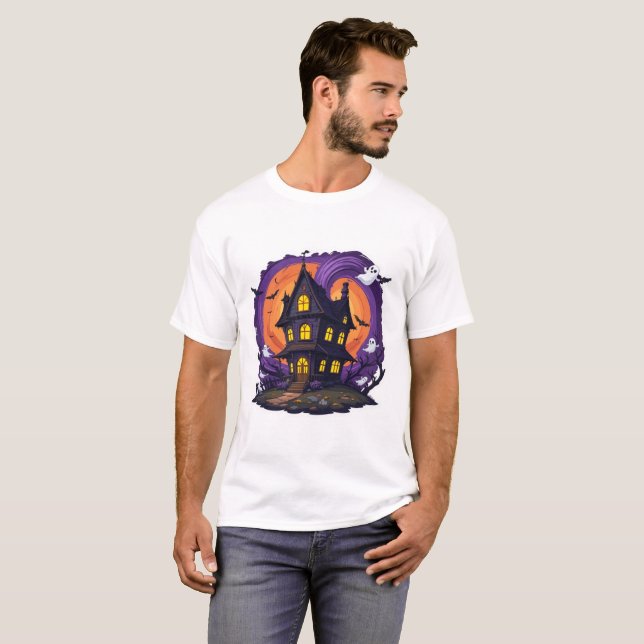 Haunted House Halloween Spooky Gothic Mansion T Shirt (Hel framsida)
