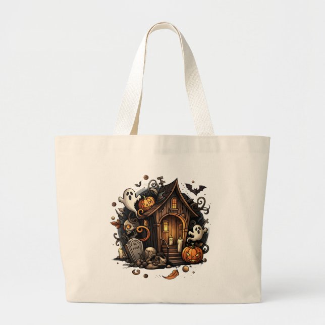 Haunted House Halloween Tote Bag Jumbo Tygkasse (Framsidan)