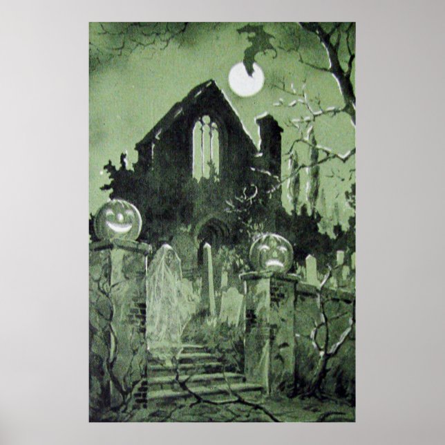 Haunted House Jack O'Lantern Ghost Måne Poster (Framsidan)