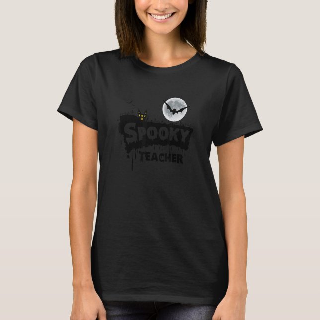 Haunted House Måne Night Groovy Spooky Teacher 2 T Shirt (Framsida)