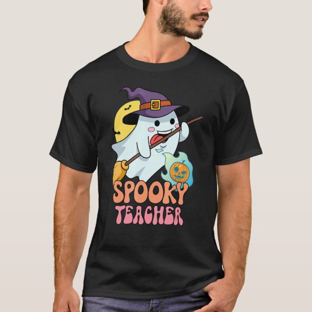 Haunted House Måne Night Groovy Spooky Teacher T Shirt (Framsida)