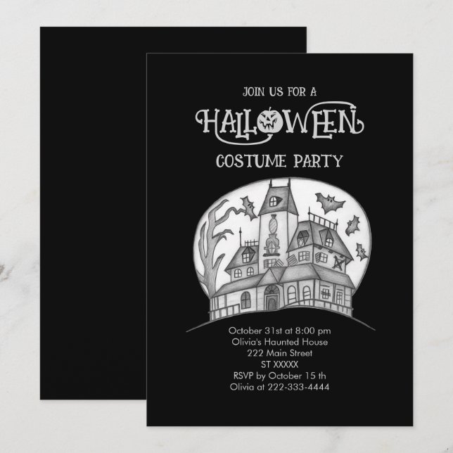 Haunted House och Fladdermus Halloween Inbjudningar (Fram/baksida)