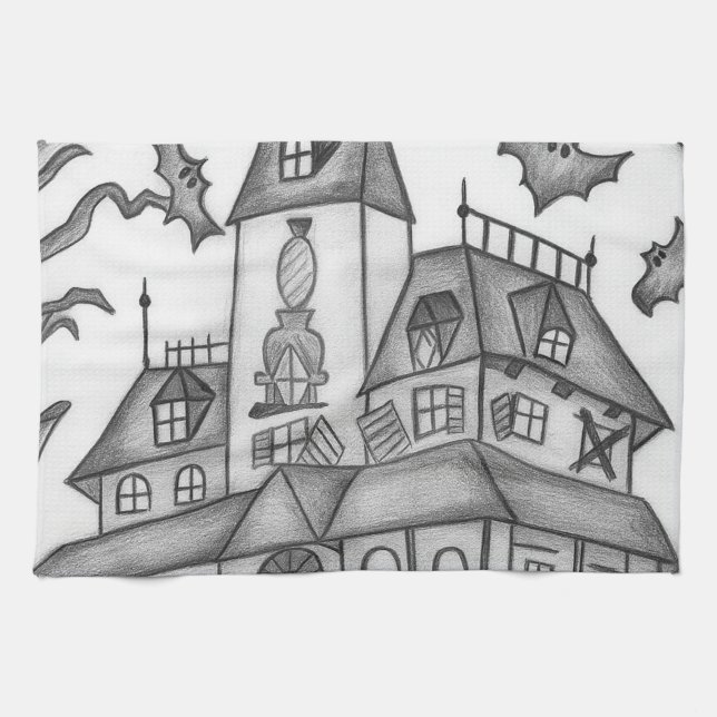 Haunted House och Fladdermus Halloween Kökshandduk (Horisontell)