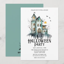 Haunted House Spooky Costume Mint Halloween fest Inbjudningar