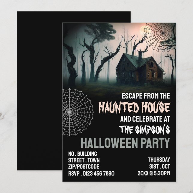 Haunted House Theme, Escape Room, Halloween fest Inbjudningar (Fram/baksida)