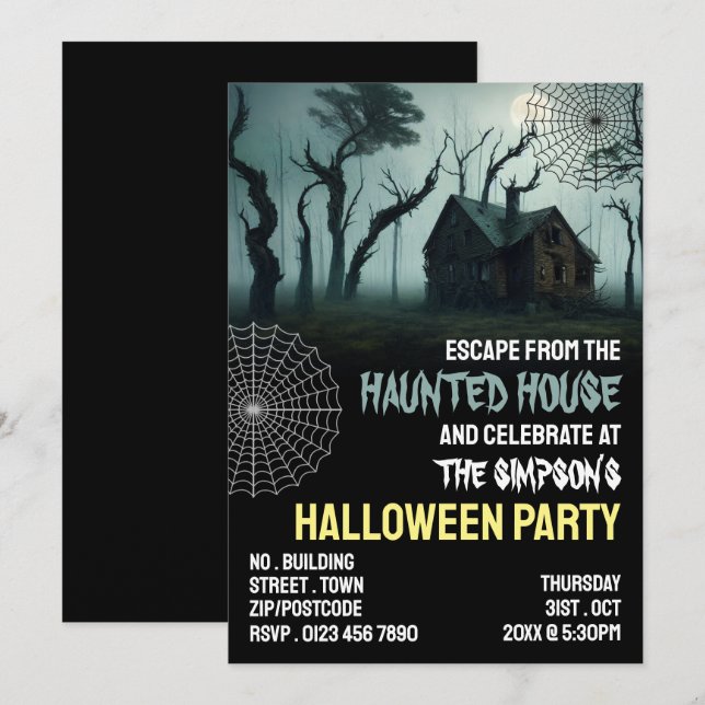 Haunted House Theme, Escape Room, Halloween fest Inbjudningar (Fram/baksida)