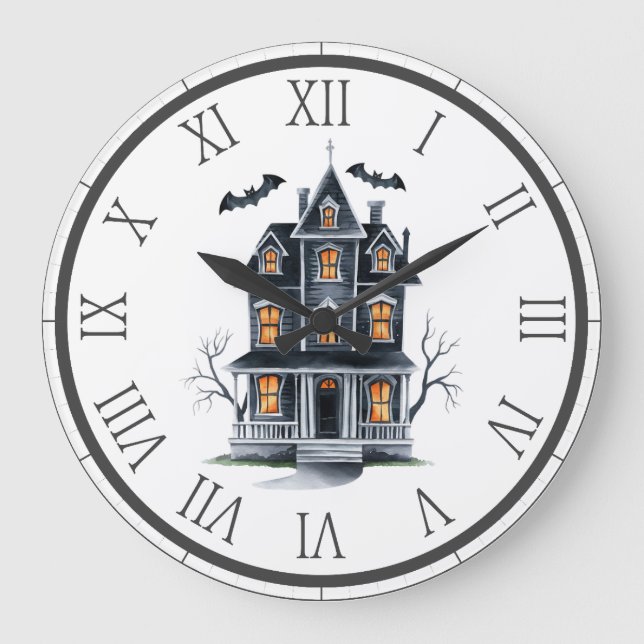 Haunted House Träd och Fladdermus Halloween Stor Klocka (Framsida)