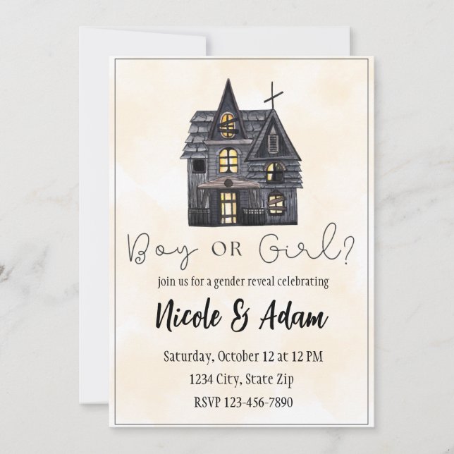 Haunted House Watercolor Halloween Gender Reveal Inbjudningar (Framsida)