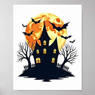 Haunted House with Bats – Spooky Halloween Tee Poster