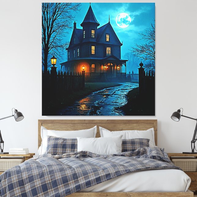 Haunted Mansion Blue Moonlight Night Design Canvastryck (Insitu (sovrum))