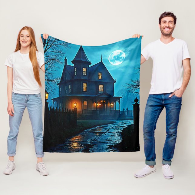 Haunted Mansion Blue Moonlight Night Design Fleecefilt (På plats)