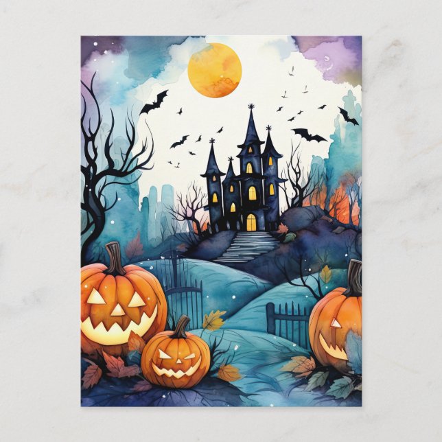 Haunted Mansion Jack O'Lantern Fladdermus Hallowee Helg Vykort (Framsida)