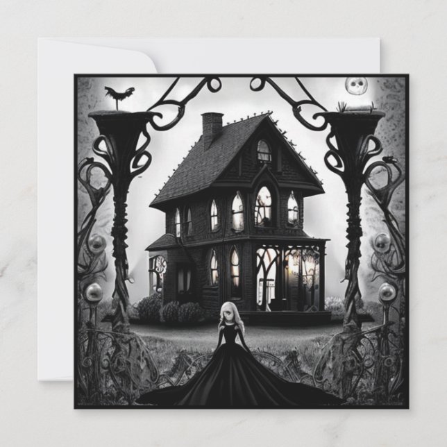 Haunted Mansion och Gothic Woman Halloween Inbjudningar (Framsida)