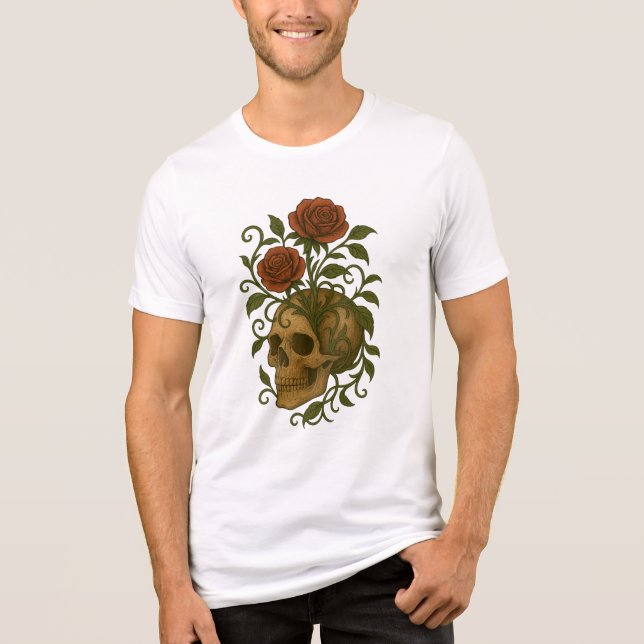 Haunting Beauty Skull and Roses Halloween Art T Shirt (Framsida)