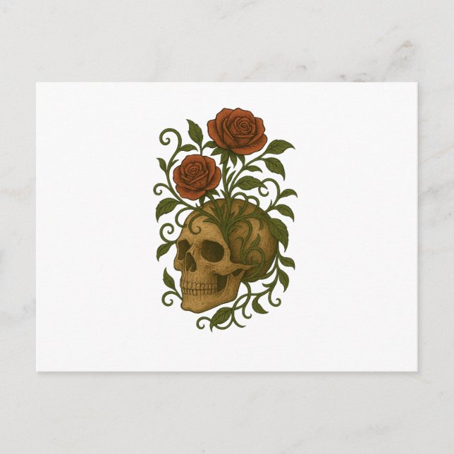 Haunting Beauty – Skull and Roses Halloween Art Vykort (Framsida)