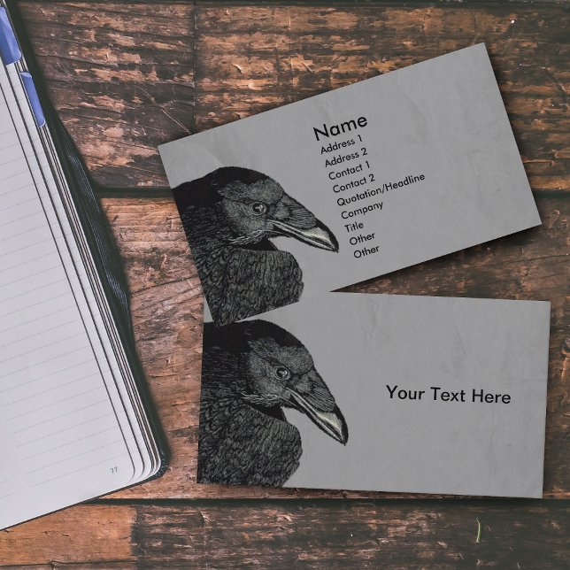 Haunting Black Kråka Ansikte Grått Visitkort (Illustration of head beak of black crow on marbled grey business cards.)