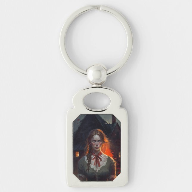 Haunting house rektangulärt silverfärgad nyckelring (Framsidan)