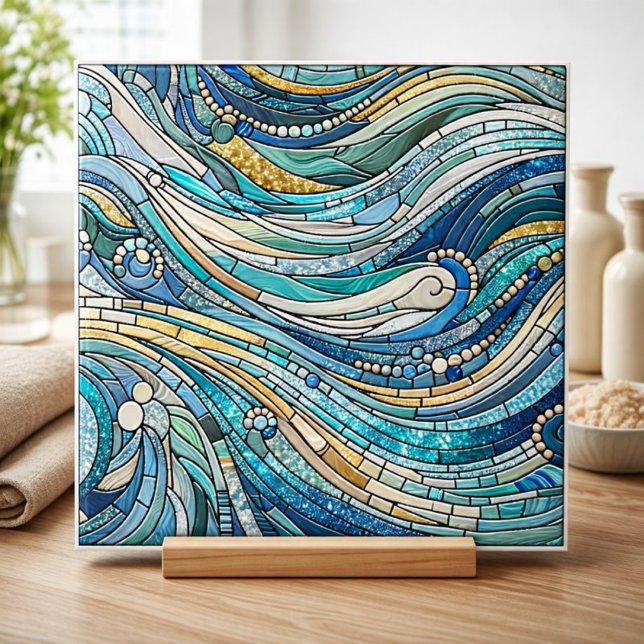 Hav av vågor Teal Mosaic Finkonst Kakelplatta (Skapare uppladdad)