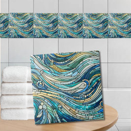 Hav av vågor Teal Mosaic Finkonst Kakelplatta