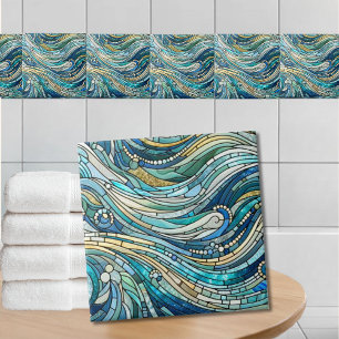 Hav av vågor Teal Mosaic Finkonst Kakelplatta