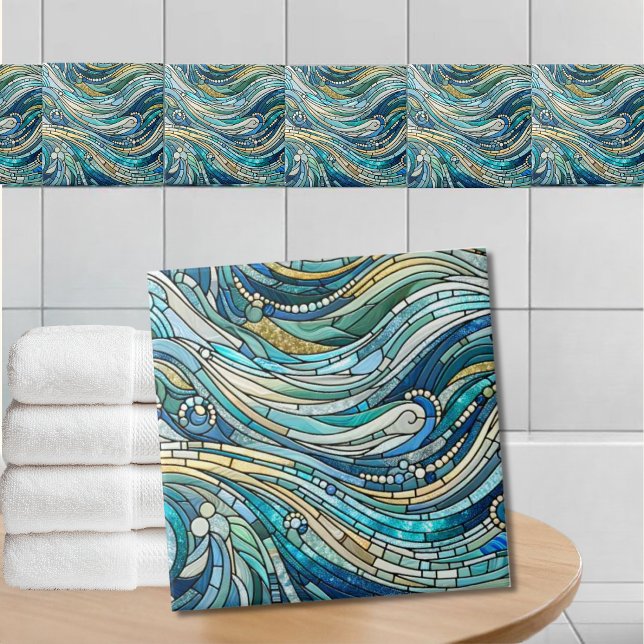 Hav av vågor Teal Mosaic Finkonst Kakelplatta (Skapare uppladdad)