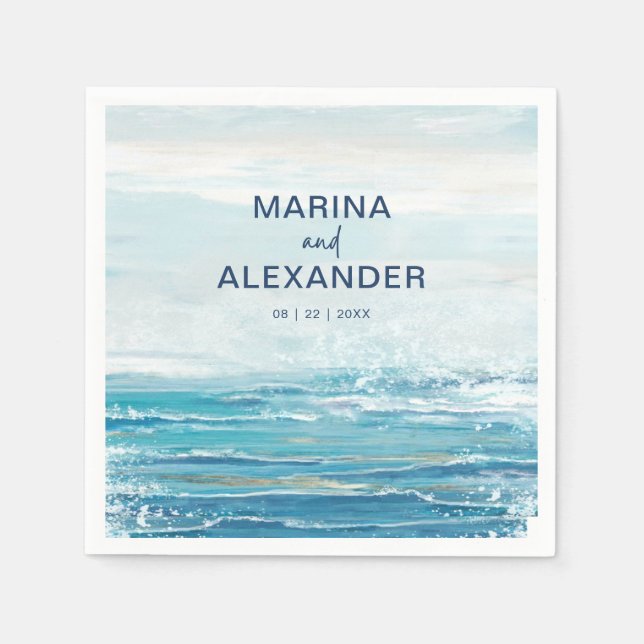 Hav Blå Strand Vågor Kust Vattenfärg Bröllop Pappersservett (Framsidan)