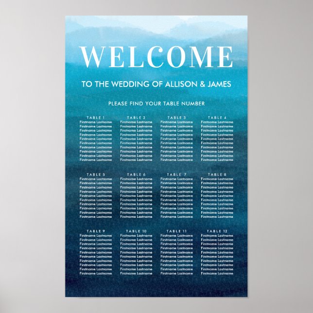 Hav Blå Vågor Akvarell Bröllop Placeringsplan Poster (Framsidan)