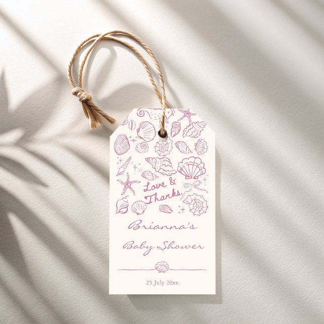 Hav dig snart snigelskal flickor baby shower förmå presentetikett (Sea you soon pink hand drawn seashells girls baby shower personalized favor gift tags thank you tags)
