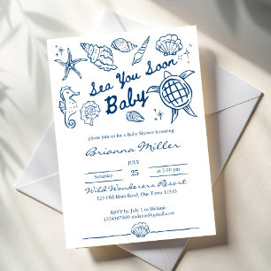 Hav dig snart snigelskal strand pojke baby shower inbjudningar