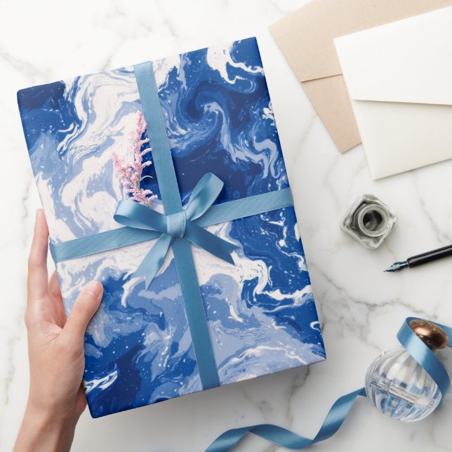 Hav Djupblå Flödande Vit Abstrakt Mönster Presentpapper (Gifting)
