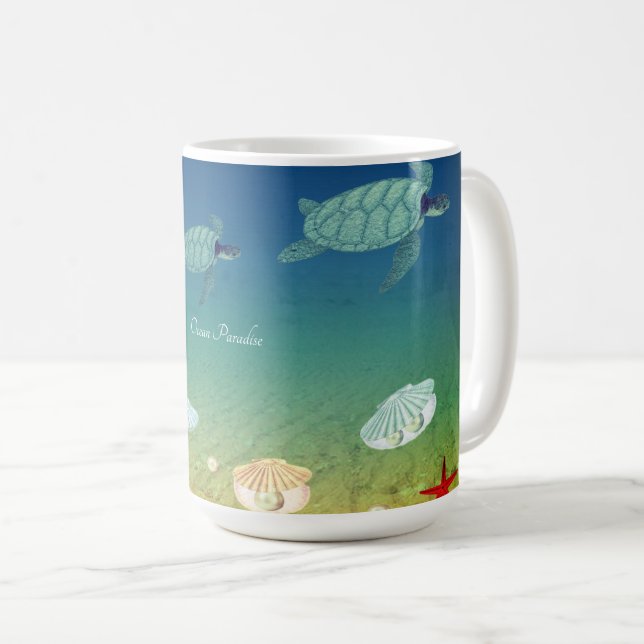 Hav, havssköldpaddor, skal, pärlor & kalligrafi kaffemugg (Framsida höger)