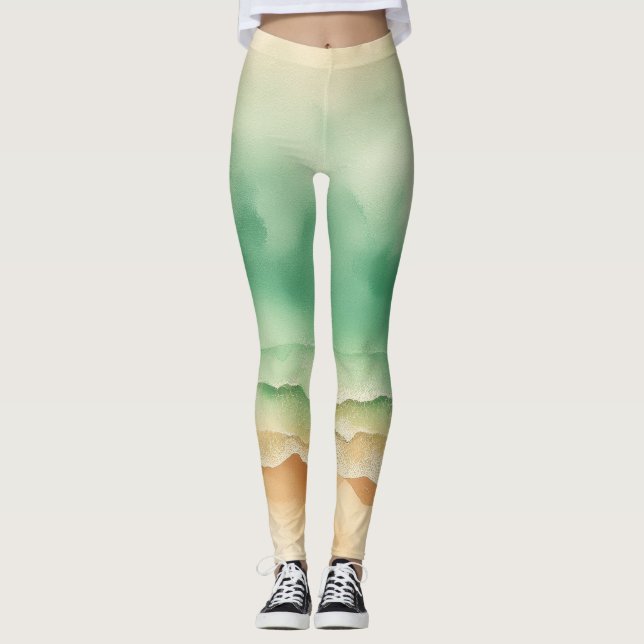 Hav Ocean Stranden Vattenfärg Sol Sand Leggings (Framsida)