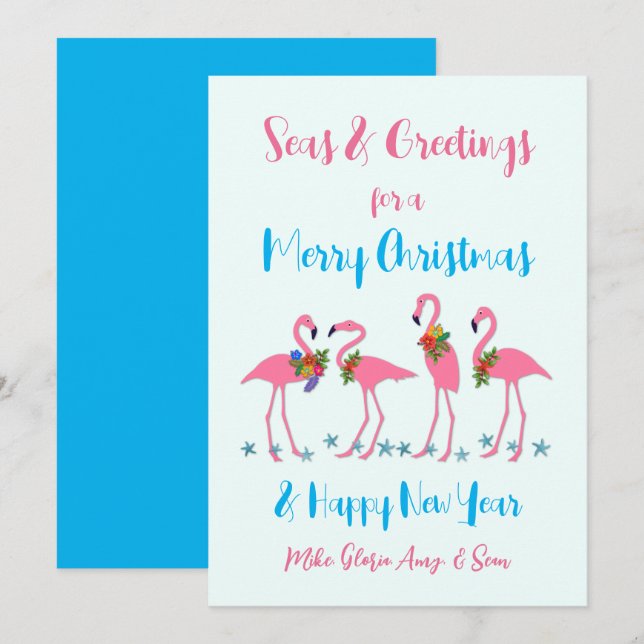 Hav och hälsningar Flamingos julkort (Fram/baksida)