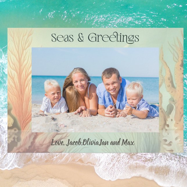 Hav och Hälsningar Strand Foto Julkort (Seas & Greetings Beach Themed Holiday Christmas Greeting Card. Perfect for tropical vacation photos.)