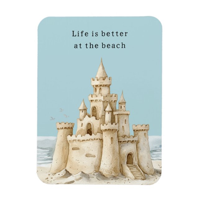 Hav Strand Fåglar Blå Himmel Kräm Sand Slott Magnet (Vertikal)
