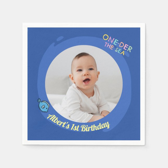 Hav under havet Blå 1-års födelsedagsfoto  Pappersservett (Framsidan)