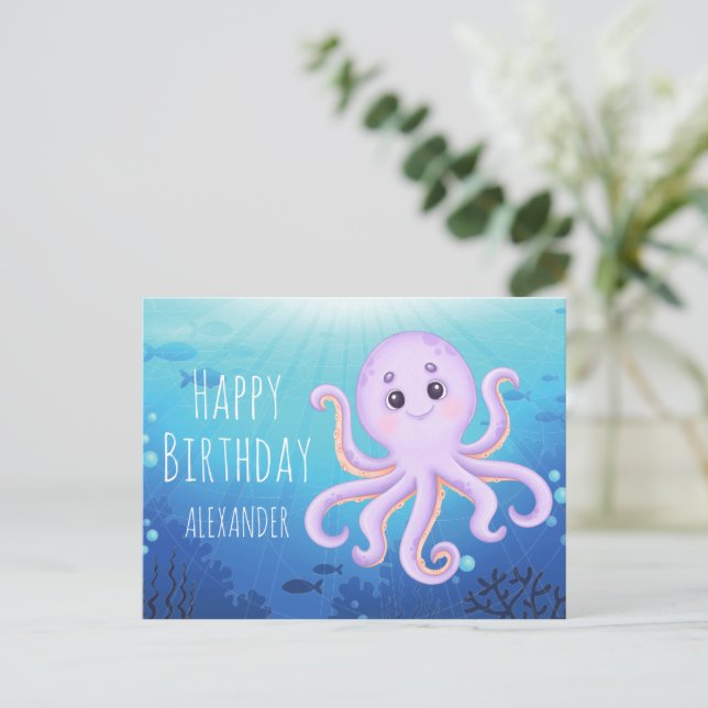 Hav Undervattens Söt Bläckfisk Glad Födelsedag Vykort (Stående Fram)