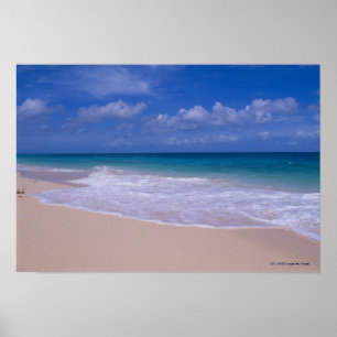 Hav vinkar att skumma på sandig strand poster