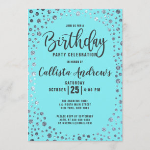 Hava Teal Silver Glitter Confetti Gräns födelsedag Inbjudningar