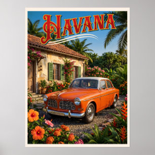 Havana Kuba Vintage Bil Tropisk Resa Poster