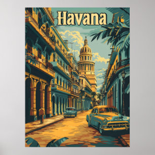 Havana Nostalgia: Vintage bilar i den gamla staden Poster