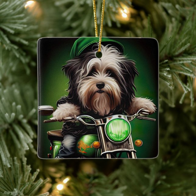 Havanese Hund Driving Bike St. Patrick's Day Julgransprydnad Keramik (Träd)
