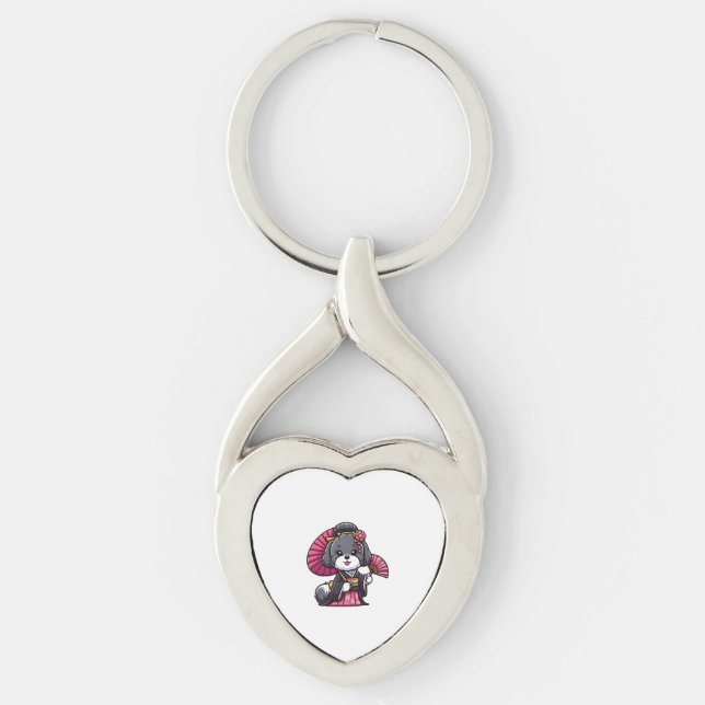 Havanese Hund Kimono Twisted Heart Silverfärgad Nyckelring (Framsidan)
