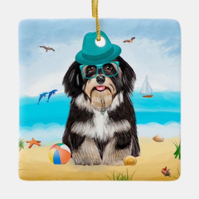 Havanese Hund on Beach Julgransprydnad Keramik (Framsida)