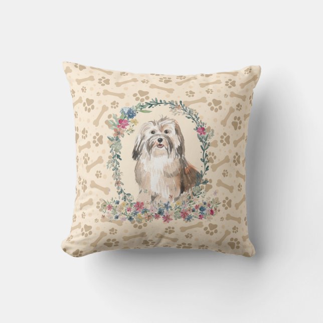 Havanese Hund Paw Print & Blommigt Cute Kudde (Framsida)