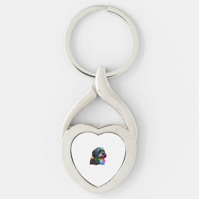 Havanese Hund Pop Art Design Havanese Älskare Twisted Heart Silverfärgad Nyckelring (Framsidan)