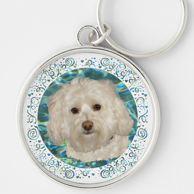 Havanese på turkos vatten rund silverfärgad nyckelring (Framsidan)